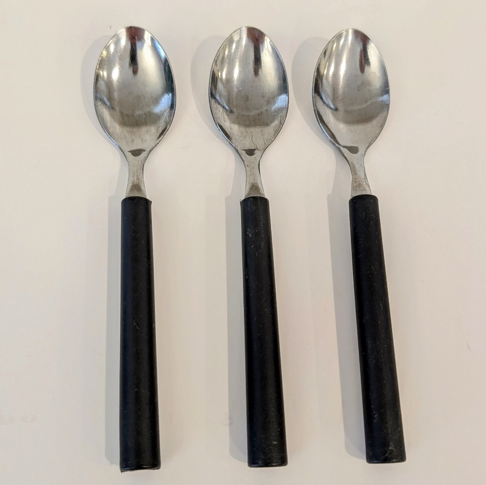 VTG Stainless Teaspoons Set Of 3 Black Handle Modernist Minimalist Flatware